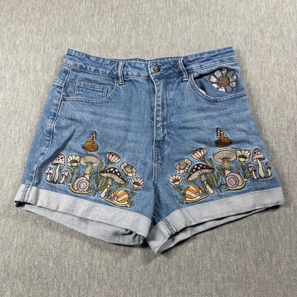 Hot Topic Shorts Womens 7 Blue Denim Embroidered Mushroom Snail Butterfly Cuffed